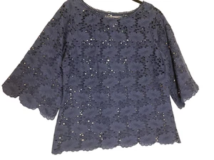 Gretchen Scott Daisy Lace Eyelet Top Scalloped 3/4 Sleeve Blouse Women Size M - Picture 1 of 9