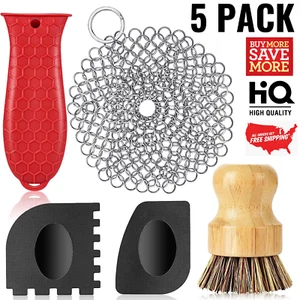 Cast Iron Skillet Cleaner Set Stainless Steel Chainmail Scrubber Bamboo Scrapers - Picture 1 of 8