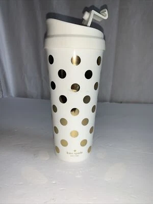 KATE SPADE GOLD POLKA DOT PRINT 16OZ THERMAL TRAVEL MUG COFFEE CUP HOT COLD - Image 1 of 2