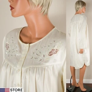 💖 BARBIZON Ivory Satin Nightgown Long Sleeve Cut-Out Embroidered Button Small - Picture 1 of 13