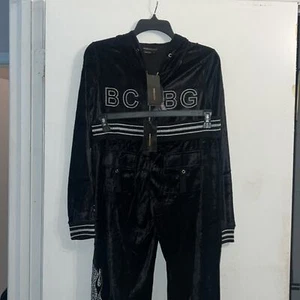 BCBG BLACK VELVET BLING SILVER STUD DRAGON & LOGO HOODIE & CROPPED PANTS… - Picture 1 of 13