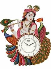 Wooden Antique Lord Krishna with Peacock Designer Wall Clock ,12 x 16.5 inch