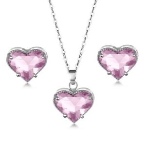 Heart Amethyst Garnet Pink Sky Blue Topaz Gems Silver Stud Earrings Necklace Set