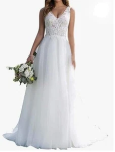 Beach Lace Bridal Gown V Neck Tulle White Wedding Dress Sz 10 - Picture 1 of 24