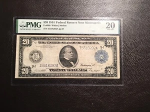 20.00 1914 FRNote 1914 Minneapolis better district PMG 20 very fine - Picture 1 of 2