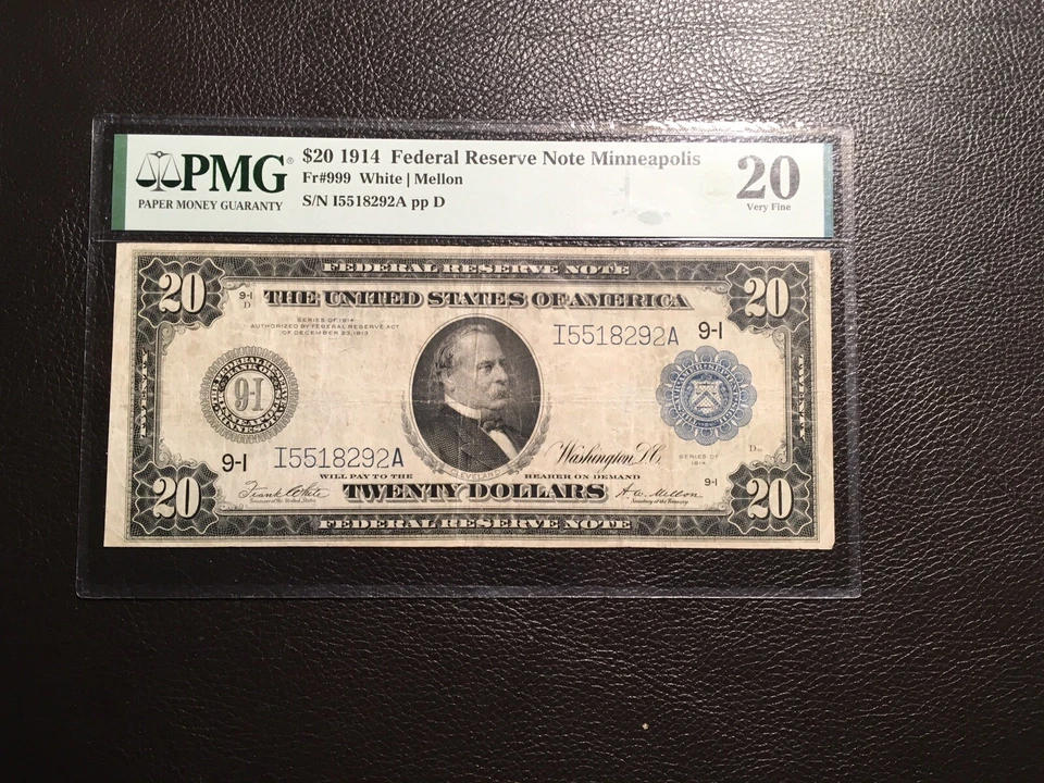 20.00 1914 FRNote 1914 Minneapolis better district PMG 20 very fine - Image 1 of 2