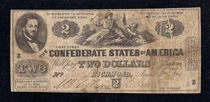 $2.00 1862 T-42, Estados Confederados de América, nota de error, pliegues internos, fino - Imagen 1 de 4