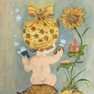Baby Bath Time Painting 7 In Decor Acrylic Cute Bubbles Turtle Sunflower Vintage - Picture 1 of 6