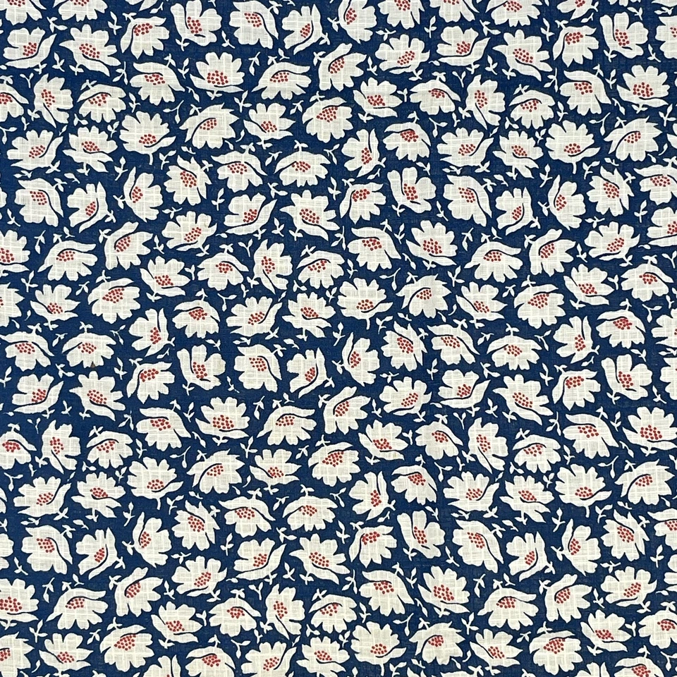 Vtg 70s Retro Floral Fabric Flowers Semi Sheer Weave Blue White Red 49" x 44" - Image 1 of 4
