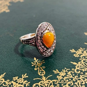 Ethiopian Pear Opal Art Deco dress 925 Silver ring Set white CZ gems Size Q - Picture 1 of 9
