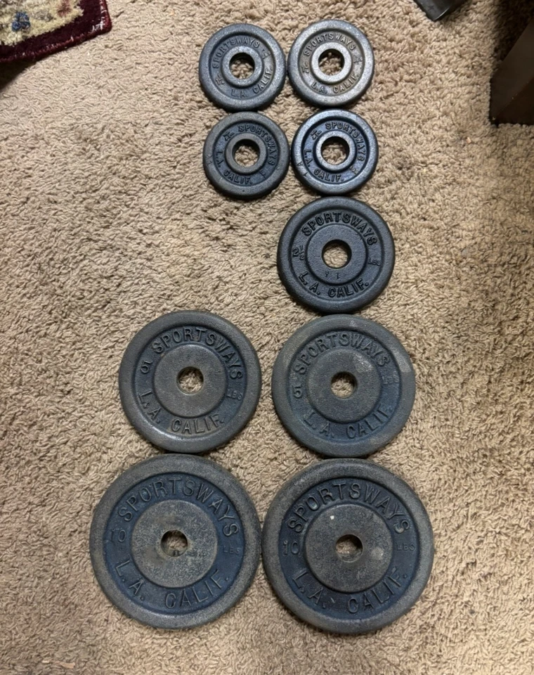 Винтажные весовые пластины SPORTSWAYS LA CALIF 2x 10;5 4x 1,25; 1x 2,5 фунта 1 дюйм - Изображение 1 из 1