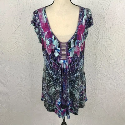 Túnica One World Boho tamanho XL mangas elásticas enfeitadas sublimadas - Imagem 1 de 4