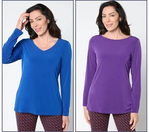 Susan Graver Modern Essentials Set of 2 Liquid Knit Tops Blue/Plum XL New - Picture 1 of 1