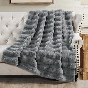 Tread Pattern Rabbit Faux Fur Throw Blanket Micromink Back Thick Warm Blanket - Picture 1 of 61