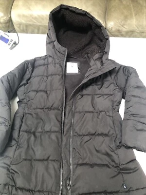 Gap Kids Girls Size Small Long Hooded Puffer Jacket Full Zip Fleece Lined Black - Image 1 of 4