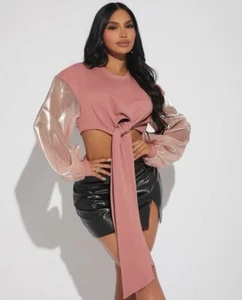 Damenbluse SHEIN rosa langärmelig selbstbindender Knoten vorne kurzes Oberteil Größe Xs - Bild 1 von 9