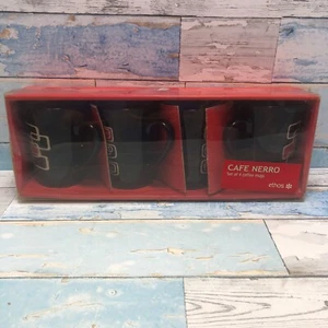 Ethos Cafe Nerro Mugs x4 NIB Coffee tea Mugs Black White Red Squares - Picture 1 of 11