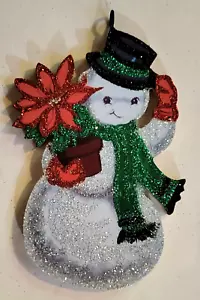 SNOWMAN w POTTED POINSETTIA - Glittered WOOD CHRISTMAS ORNAMENT - Picture 1 of 1