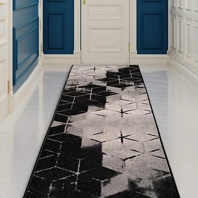 Custom Size Hallway Runner Cubes Abstract Design Black 26"&31"By Your Length - Image 1 of 4