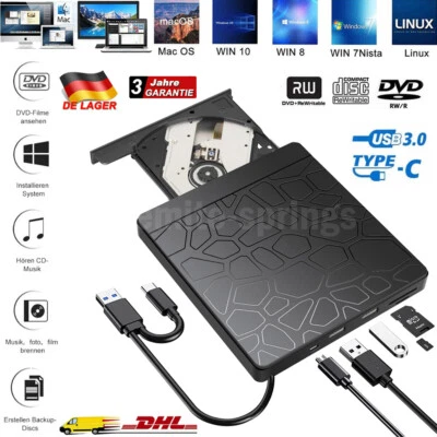 MARKENLOS Externes USB 3.0 Typ-C CD DVD Laufwerk mit SD/TF & USB Ports CD/DVD±RW Brenner