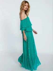$300 Free People Teal Green Blue Cold Shoulder Beaded Maxi Dress 8 NEW F614 - Picture 1 of 10