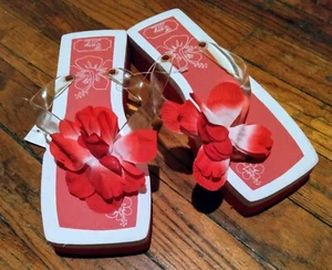 New woman's square toe silk flower top slide flip flops red & white - Picture 1 of 4