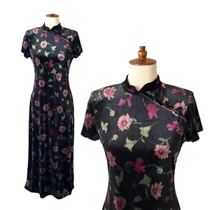VTG Velvet Asian Inspired Women's 6 Blk Floral Maxi Dress Caren Desiree Co. Y2K - Picture 1 of 13
