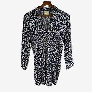 Anthropologie Maeve Alexa Smocked Button-Down Top L Print Navy Viscose Linen - Picture 1 of 12
