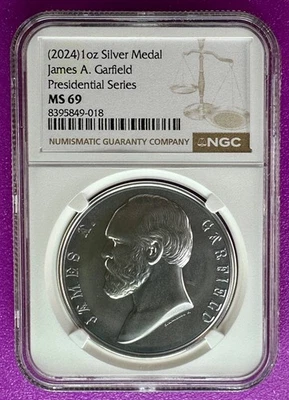 (2024) James A. Garfield Presidential Series 1oz Silver Medal NGC MS69 (018) - Image 1 of 2