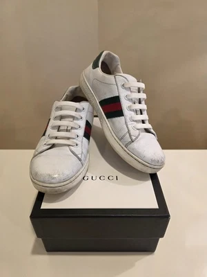 $385 Gucci kids Ace white leather sneakers w red green stripe web 33EUR/2US - Image 1 of 4