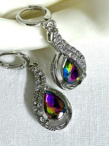 Rainbow Teardrop Crystal & Rhinestone Silver Tone Drop Earrings - Picture 1 of 9