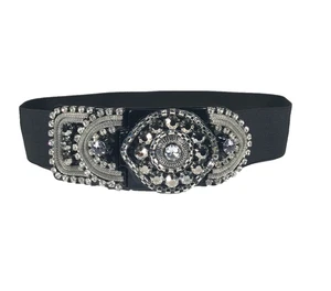 Women's Belt One Size Black VTG Cinch Elastic Stretch Bling Wide Classic 80's - Picture 1 of 12