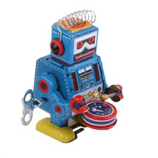 Vintage Wind Up Walking Drumming Robot Drummer Clockwork Mechanical Tin Toy