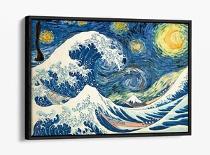 HOKUSAI GREAT WAVE VAN GOGH STARRY NIGHT -FLOAT EFFECT CANVAS WALL ART PIC PRINT - Picture 1 of 12