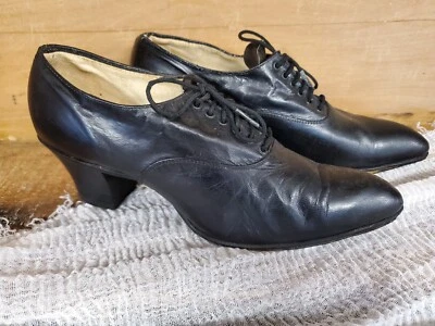 Vintage Black Leather Women Shoes Chuncky Heel Lace Victorian 440 Wellmade - Image 1 of 4