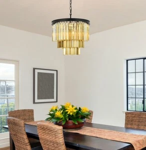 MATTE BLACK FOYER DINING ROOM GOLDEN TEAK CRYSTAL CHANDELIER LIGHT FIXTURE 20 in - Picture 1 of 10