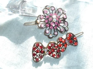 2 Vintage Victorian Pink and Red Rhinestone Brass Clip Barrettes - Picture 1 of 4