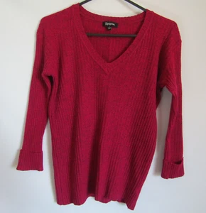Rockmans L Magenta & Black Fleck Ribbed Knit Top 3/4 Sleeves Rolled Cuffs - Picture 1 of 9
