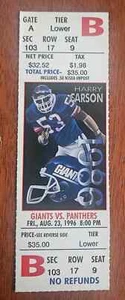 1996 Full Unused Ticket New York Giants vs Carolina Panthers, Harry Carson HOF - Picture 1 of 2