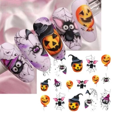 NAIL WATER DECALS Nail Art Water Decals Stickers Halloween Pumpkins Spider Spiders Web Bats (1247)