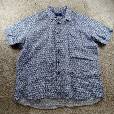 David Donahue Shirt Mens 2XL Blue White Geometric Floral Button Up 100% Linen - Image 1 of 4