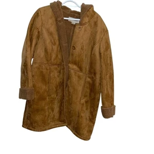 Hellbrauner Wildlederimitat Mantel mit Kapuze und Knopfleiste Sherpa gefüttert warme Jacke Oberbekleidung L - Bild 1 von 6