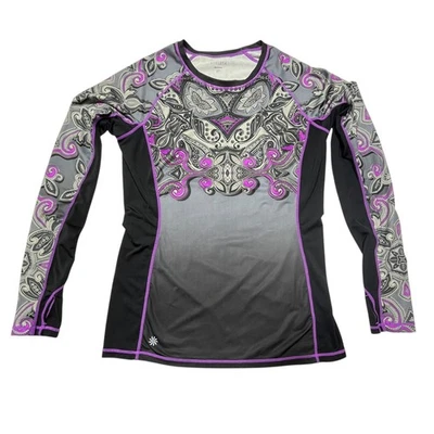 Camisa feminina Athleta Rash Guard média preta roxa paisley natação sol UPF 919126 - Imagem 1 de 4