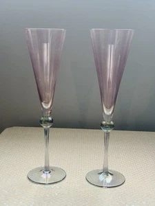 Stunning Pair Of Italian Cristallere Pink & Blue Crystal Champagne Flutes - Picture 1 of 8