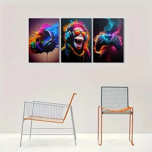 Mono colorido con auriculares estampado de metal 3 piezas listo para colgar arte - Imagen 1 de 7