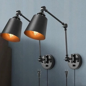 Set of 2 Industrial Plug-In Dimmable Wall Sconces with Adjustable Swing Arms - Picture 1 of 8