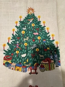Handtuch, Tee, Weihnachtsbaum im Vintage Stil auf cremeweißem Leinen. Band/ Schleifen Bordüre - Bild 1 von 5