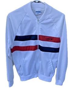 Adidas Jacke Damen Gr. M leicht weiß mit rot blauen Streifen Satin Bomber - Bild 1 von 14