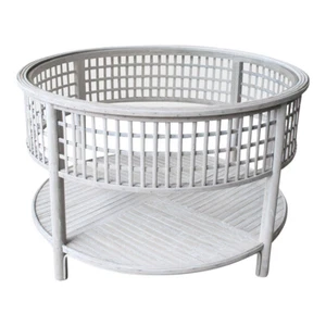 Bahama 79.5cm Bamboo Coffee Table w/ Glass Insert Round Furniture Rustic Wash - Picture 1 of 3
