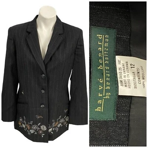 Harve Benard Blazer Womens 12T Gray Pinstripe Floral Embroidery Office Jacket - Picture 1 of 16